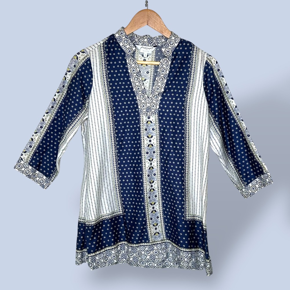 Women's Blouse Top Floral Print‎ 3/4 Sleeve V Neck Blue White Size Small Boho